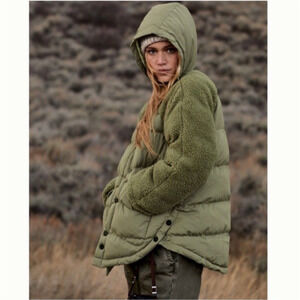 Anthropologie Pilcro Womens Size Small Green Swing Puffer Jacket Sherpa Hooded
